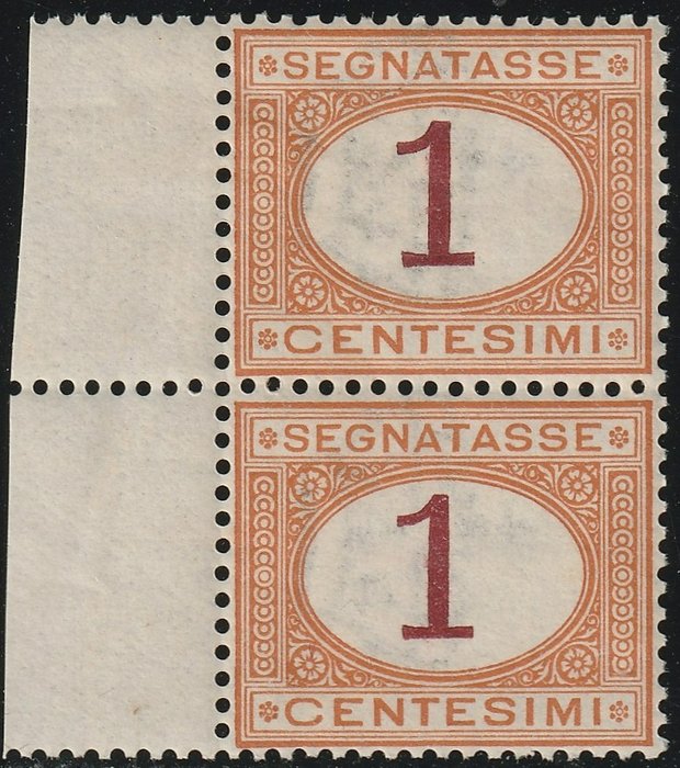 Koninkrijk Italië 1870/74 - Postage due 1st issue 1 c. ochre and carmine pair, sheet margin, very centred, intact, luxury - Sassone n.3