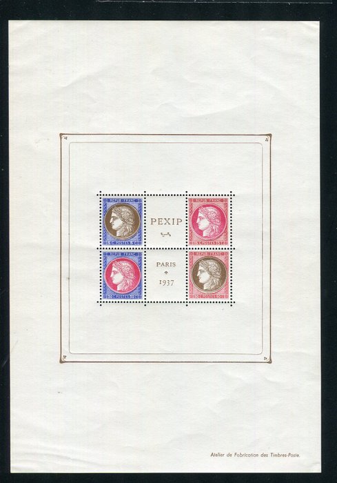 Frankreich 1937 - A rare souvenir sheet of the International Exhibition of Paris PEXIP with a control postmark