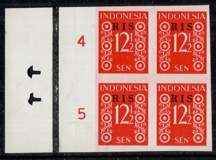 Indonesien 1950 - RIS overprint, imperforate test issues in block of 4 with sheet edge with double cutting mark - Zonnebloem 49D