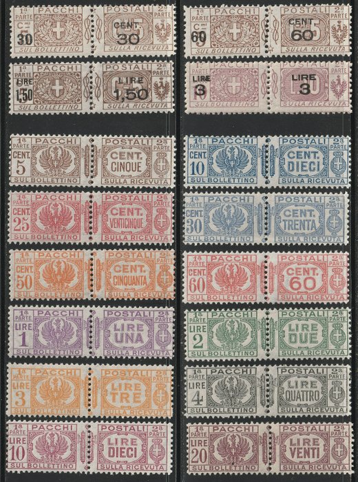Koninkrijk Italië 1923/32 - Postal parcels knot overprints + fasces in the middle, the 2 complete sets, intact, luxury - Sassone S.2102+2103
