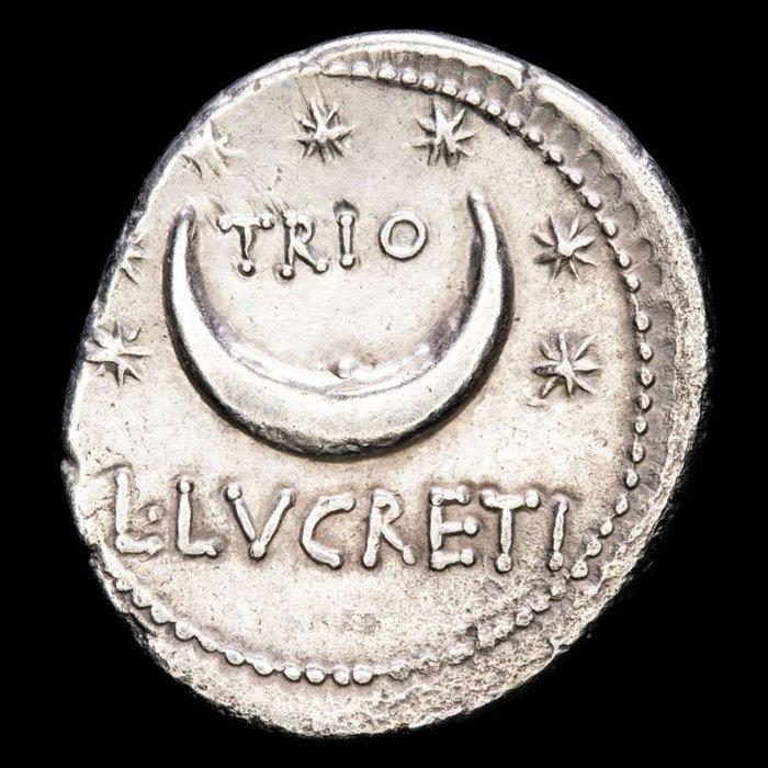 Roman Republic. L. Lucretius Trio, 74 BC. AR Denarius,  Rome mint, 74 BC - Sol / TRIO - L. LVCRETI. Crescent moon and seven stars
