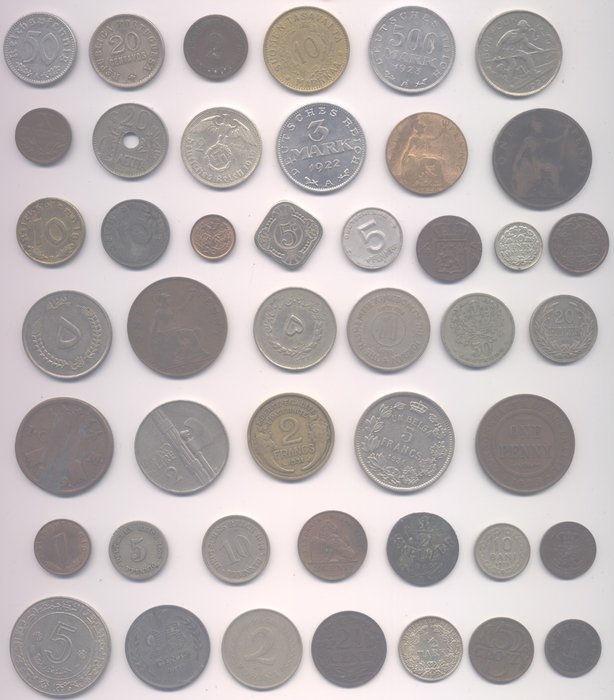 Monde. Lot diverse munten 1749/1974 (45 stuks), inclusief zilver, uit 23 landen.