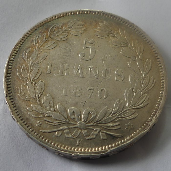 France. Third Republic (1870-1940). 5 Francs 1870-K Cérès. Variante M orienté à 4 heures