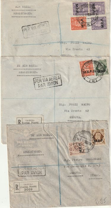 Buitenlandse bezetting van de koloniën - MEF 1943/47 - Collection of 3 covers with various postage circulated to Genoa - Sassone