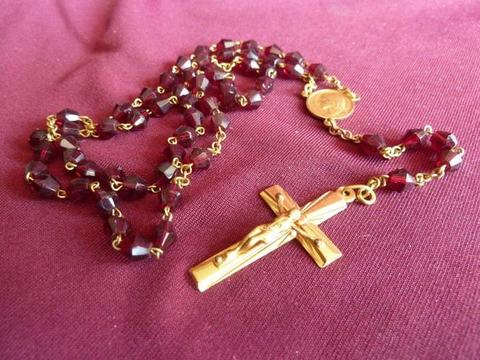 Hallmarked antique gold-plated red crystal rosary (1) - gold plated and crystal Decorative for sale  