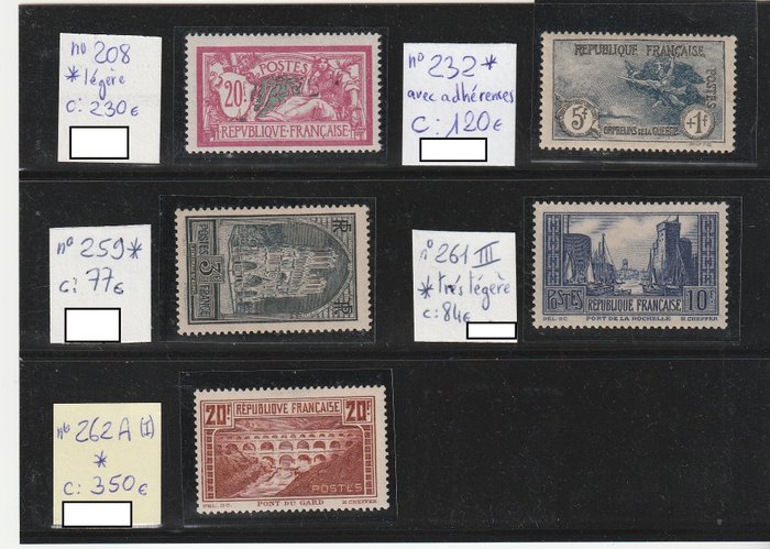 Frankrijk 1925/1930 - NO RP set of 5 semi-modern stamps including type Merson, War Orphans, Pont du Gard, etc... - Yvert n°208, 232, 259, 261 III, 262A