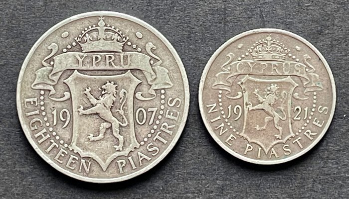Chypre. 9 Piastres 1921 George V + 18 Piastres 1907 Edward VII (2 coins)