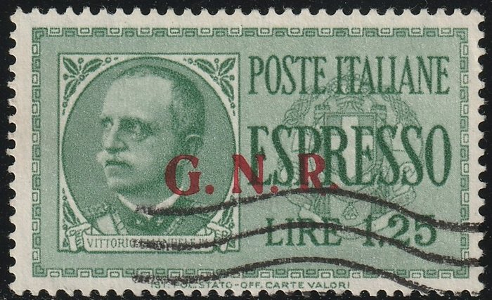 Republikeinse Nationale Garde - Brescia editie 1944 - Express stamp 1.25 l. green GN of the 2nd type + R of the 3rd type, used and very rare, certified - Sassone n.19/IIa