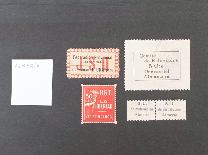 Spanien - lokale Ausgaben 1936/1939 - Lot 1. Almería. Batch of 5 local stamps of this province.