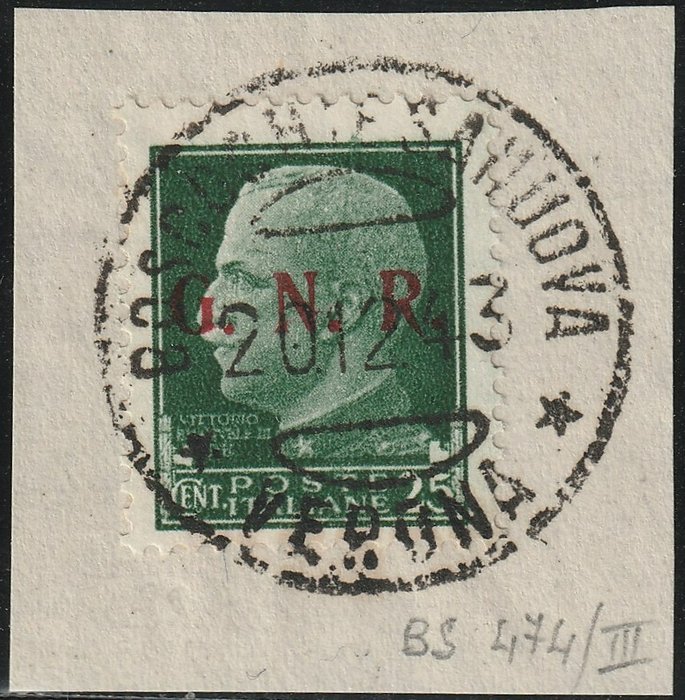 Republikeinse Nationale Garde - Brescia editie 1944 - 25 c. green, overprint of the 3rd type on fragment, Bosco Chiesanuova cancellation, certified rarity - Sassone n.474/III