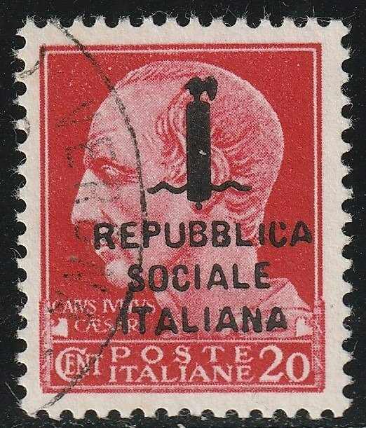 Italiaanse Sociale Republiek - Editie van Genua 1944 - Overprint mistake, Julius Caesar 20 c. carmine, pos. 97, used and very rare, with several expert’s - Sassone n.495A
