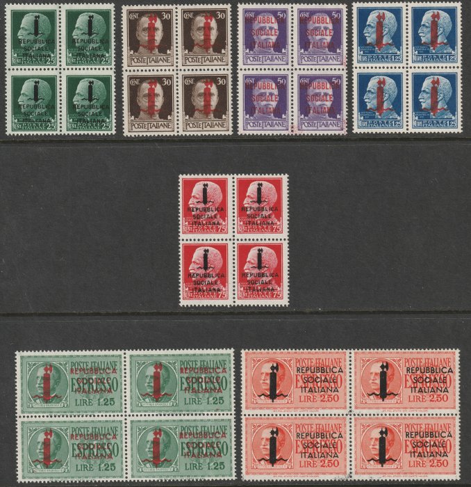 Italiaanse Sociale Republiek - Editie van Genua 1944 - Overprinted complete set with express stamps in intact blocks of four, very rare, certified - Sassone n.491/95 GE + E21/2 GE