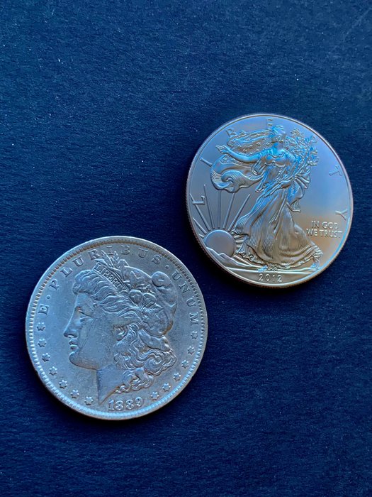 USA. Morgan Dollar 1889 + Dollar 2012 Silver Eagle (2 munten)