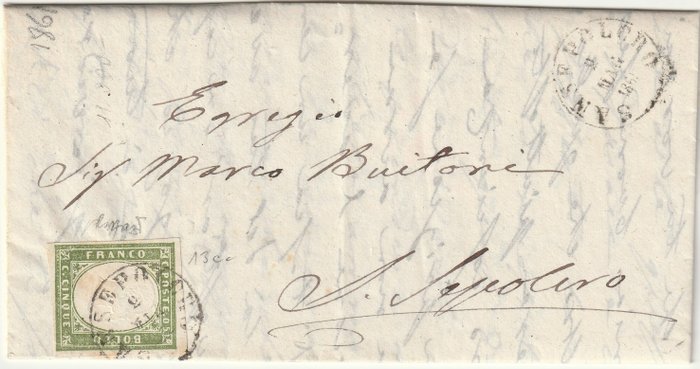 Italiaanse oude staten - Sardinië 1861 - 4th issue 5 c. olive green with good margins on fresh letter from Sansepolcro to city, rare, luxury, - Sassone n.13Cc