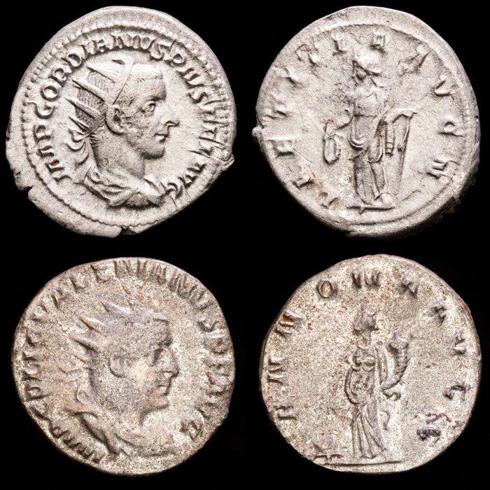 Roman Empire. Gordian III (A.D. 238-244) and Valerian I (253-260 A.D.). Lot comprising two Antoninianus,  from Rome mint - LAETITIA AVG N, Laetitia / ANNONA AVGG, Annona.