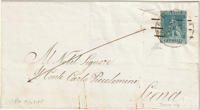 Italienische antike Staaten - Toskana 1856 - I Em. 2 cr. su lettera da Torrita cerchio+tratti a penna Non Censito UNICA Certificata - Sassone n.5e