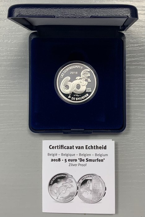 Belgium. 5 Euro 2018 "Schtroumpfs"  14,5 g d'argent 925 °/°°, avec certificat et boîtier !