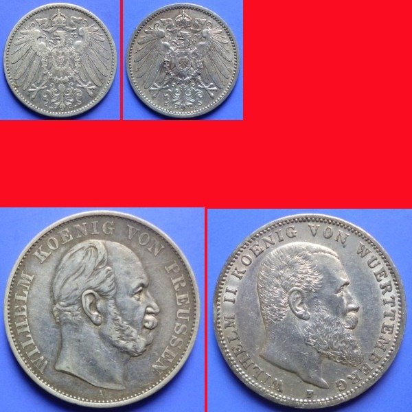Allemagne, Empire. Lot. 1 Mark/Siegestaler/3 Mark 19871/1914 Preussen/Württemberg (4 Pieces).
