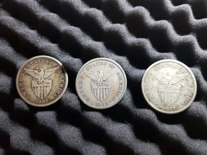 Philippines. 1 Peso 1907 + 1909 (total 3 pieces)