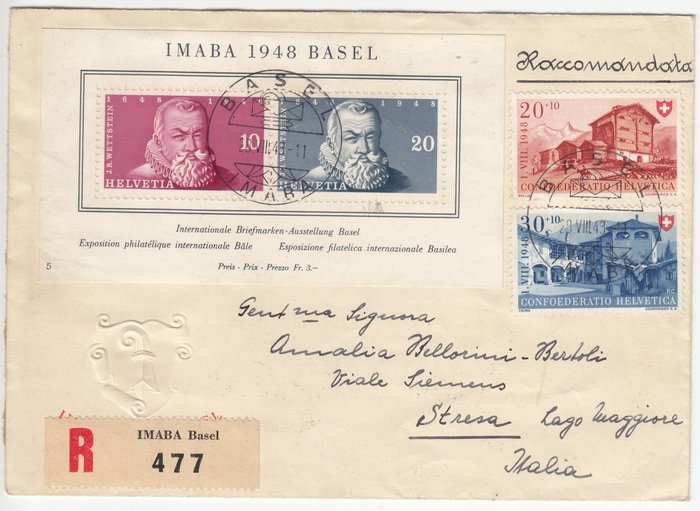 Schweiz 1948 - IMABA Block mit R-Zettel - nach Stresa, Italien