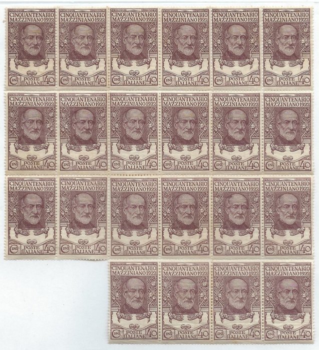 Italy Kingdom 1922 - Mazzini 40 c. in block of 22 mint pieces MNH - Sassone 129