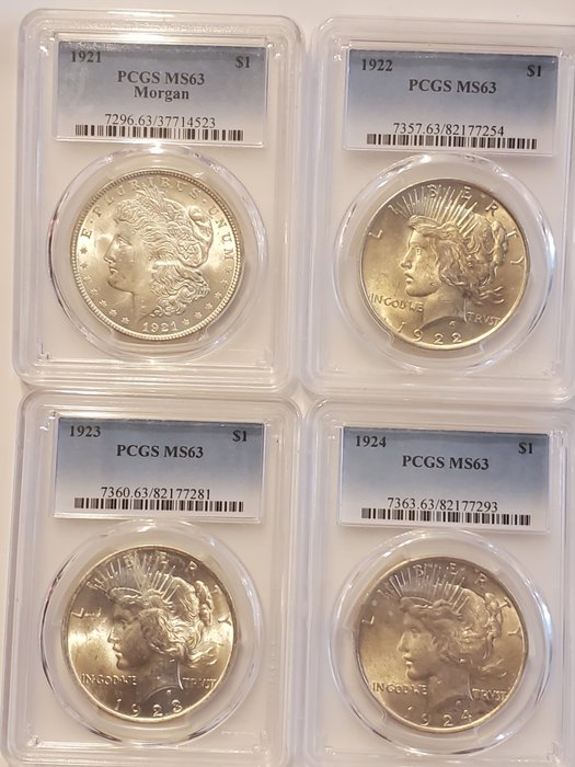 USA. Morgan Dollar 1921 + Peace Dollar 1922 + 1923 + 1924 (total 4 coins) in MS63 PCGS Slabs