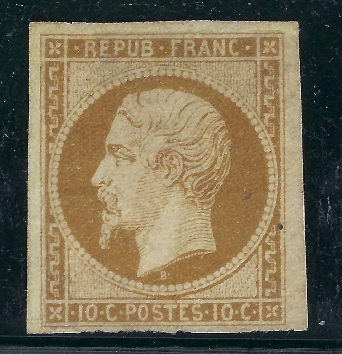 France 1852 - n°9 Napoleon 10c bistre mint without gum, repaired - Certificate - Yvert