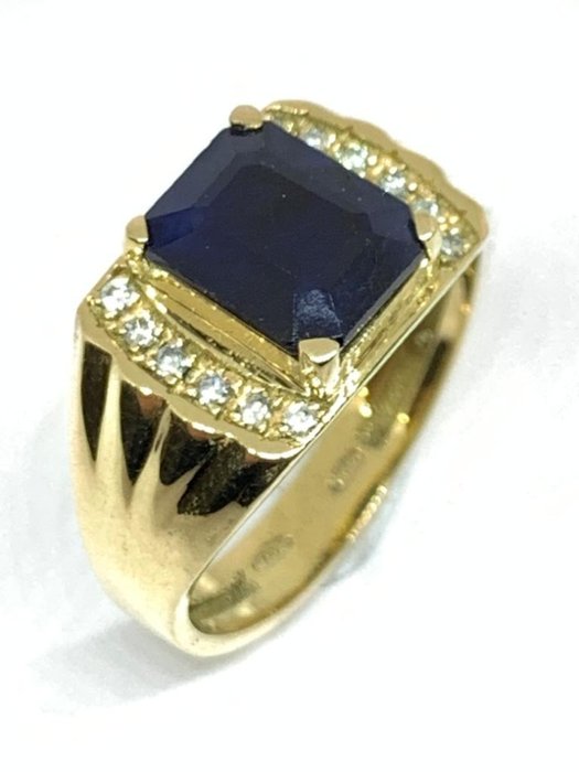 戒指 - 黄金 八角形 蓝宝石 - 钻石 