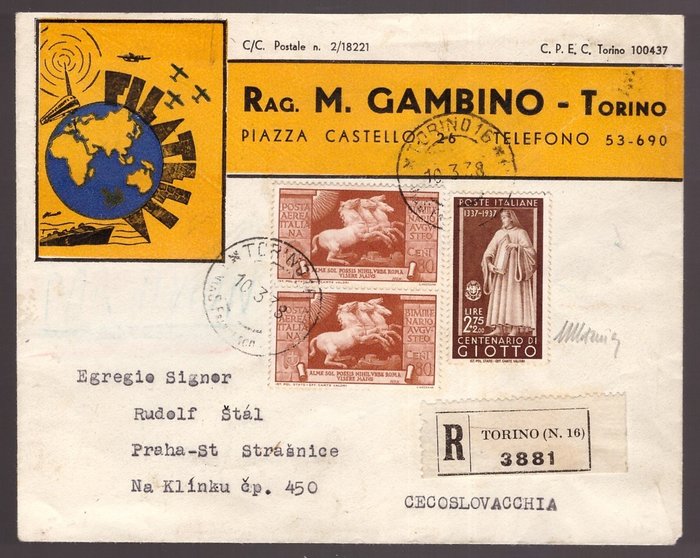 Italy Kingdom 1938 - Registered mail to Czechoslovakia with 2.75 lire famous and complementary pieces - no reserve price - Sassone NN. 435, A108