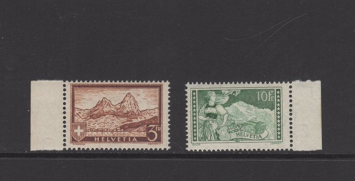 Zwitserland 1931/1930 - Helvetia in Berner Tracht, im Hintergrund Jungfrau, Die Mythen, im Vordergrund Schwyz und Brunnen