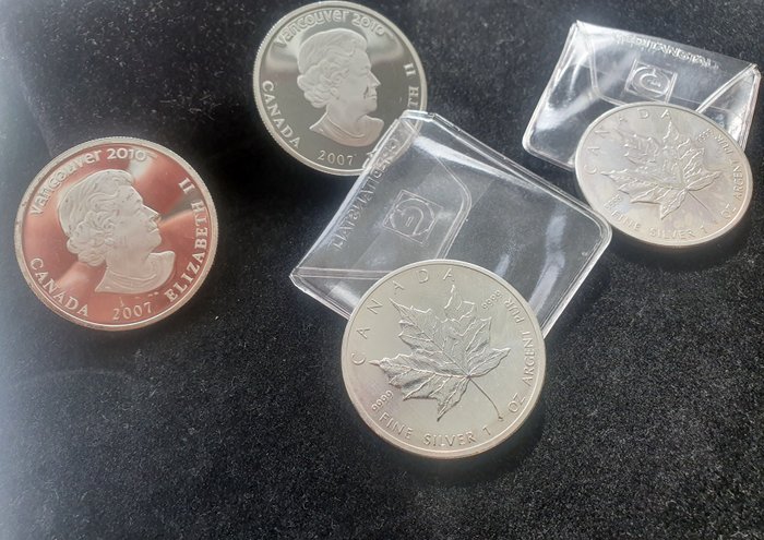 Canada. Elizabeth II. 2 x Hologramm, Farbmünzen & 2 x Maple Leafe Silver 1Oz 2007/2011/2013