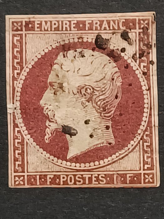 France 1853 - No. 18, 1 franc crimson, cancelled, signed Calves. Neither narrowed nor repaired, filigree touched