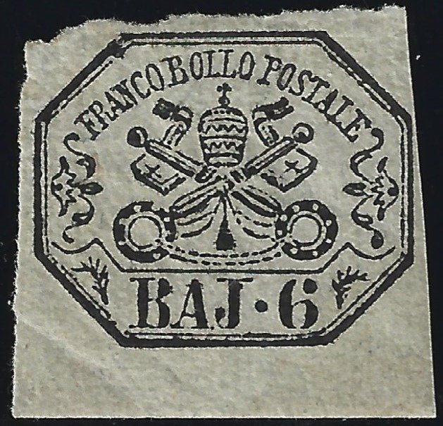 Italiaanse oude staten - Pauselijke Staat 1852 - 6 baj grey with bottom sheet margin - Sassone 7a