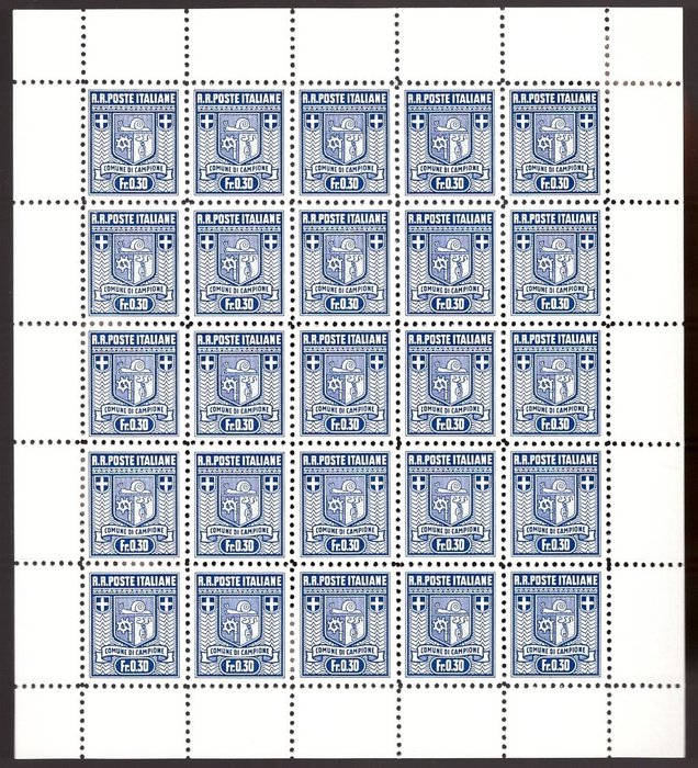 Italy - Campione 1944 - Campione d’Italia, 30 c. blue, 2nd issue, sheet of 25 pieces - Sassone N. 4