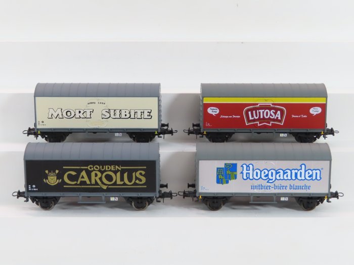 B-Models H0 - 44155.803/44155.802/44155.814/44177.207 - Freight carriage - 4 closed cars beer/advertising cars - SNCB NMBS