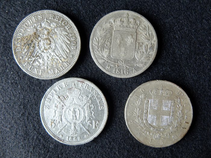 Duitsland, Frankrijk, Italië. Lot of 4 large silver coins 1868 tot 1903