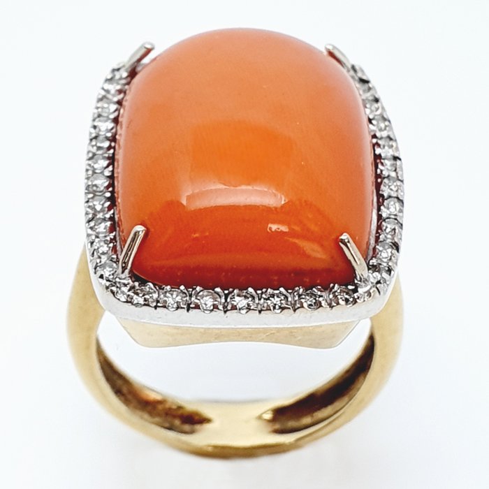 18 kt. Yellow gold - Ring - 9.00 ct Coral - Diamonds Jewellery Vintage Jewellery, used for sale  