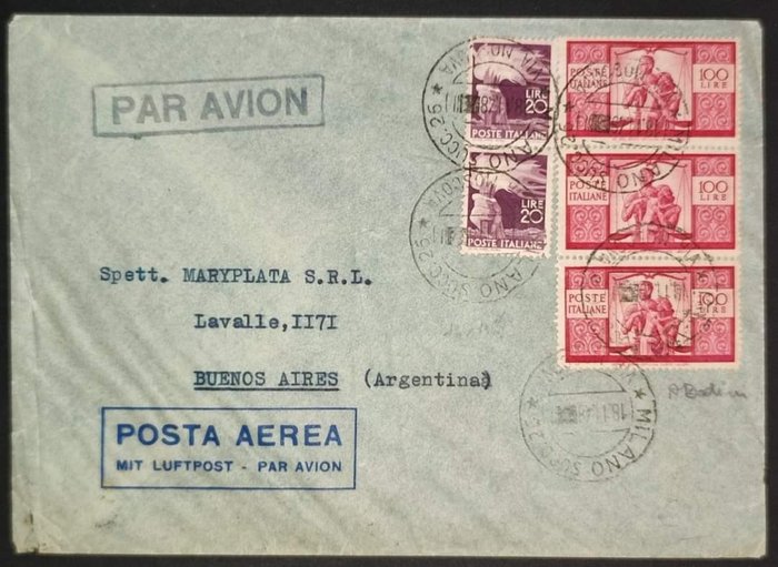 Italian Republic 1948 - Air letter to Argentina with 3 x 100 lire + 2 x 20 lire Democratic. Arturo Bodini signature