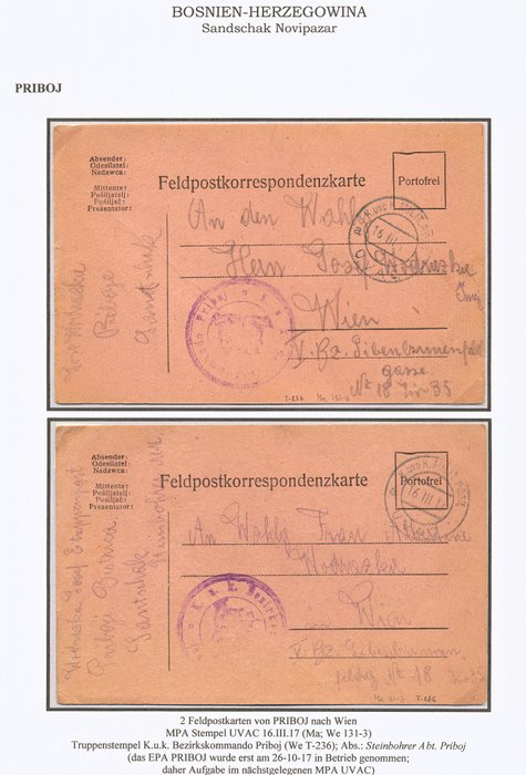 Austria-Hungary - Bosnia and Herzegovina 1917 - Two field post correspondence cards from Sandschak Novi Pazar, Priboj