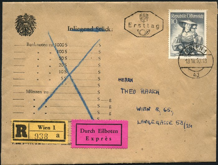 Austria 1950 - 10 shillings, traditional costumes, on Reko-Express-FDC