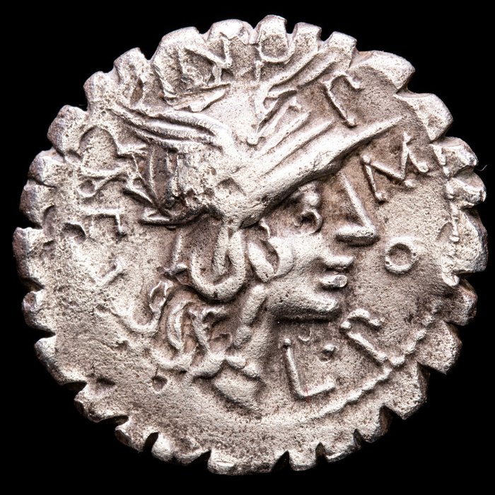 Roman Republic. Pomponia. Silver Serrate AR denarius,,  L. Pomponius Cn. f. 118 BC - Narbo mint - naked warrior (Bituitus) holding shield, carnyx, in biga
