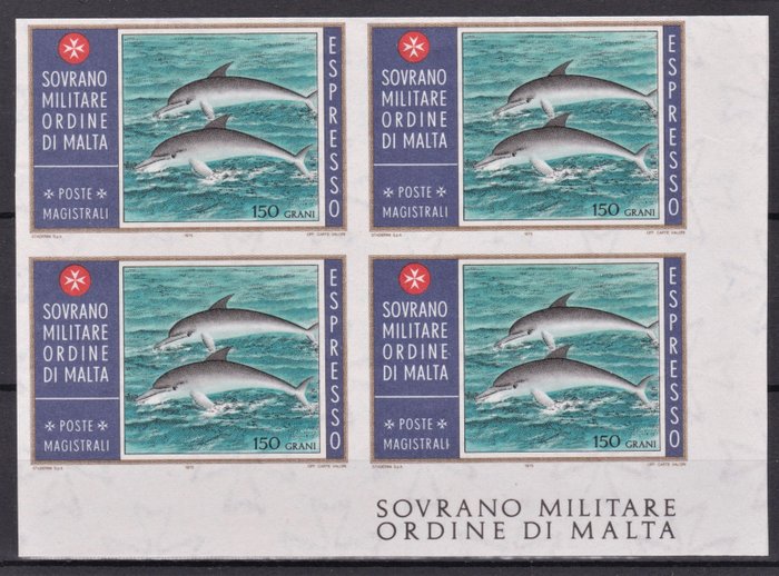 Orde van Malta 1975 - Express stamp 150 grana “imperforate” in block of 4, sheet margin with writings - no reserve price - Sassone N 2a