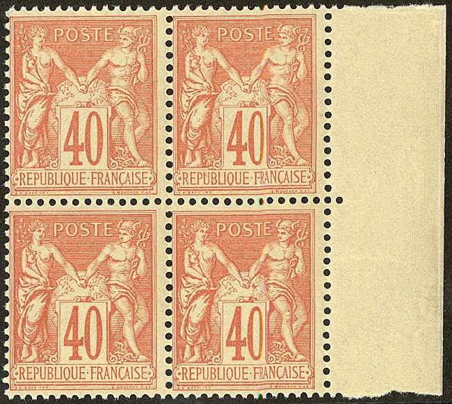 France 1881/1881 - Sage, Type II, N under U, 40 centimes orange, block of 4.
