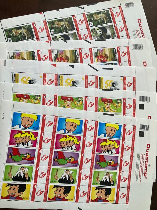 Belgique 2008/2009 - Five complete sheets of fifteen duo-stamps with themes such as Jommeke, Kabouter Plop, Mega Mindy