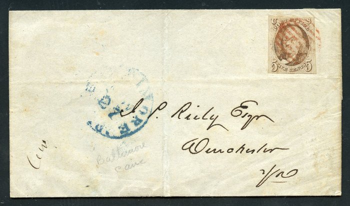 United States of America 1847 - 5 c. brown on light blue - used - letter sent to Winchester - Scott N. 1