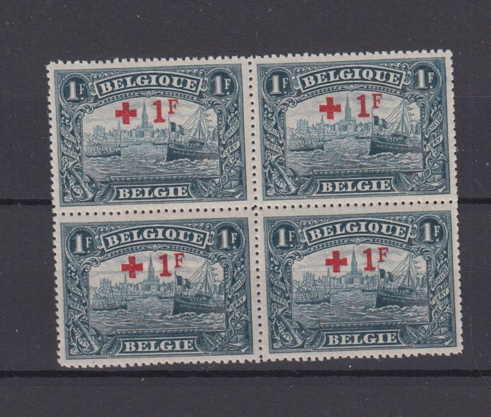 België 1915 - Rode Kruis - OBP : 160 in blok van 4 met perfecte centrage