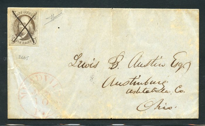 United States of America 1847 - 5 c. brown on light blue - used - letter sent to Austinburg - Scott N. 1
