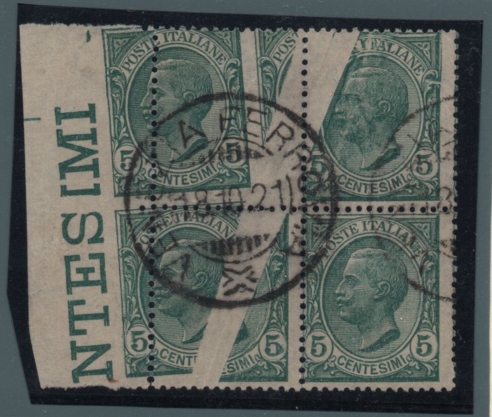 Italy Kingdom 1906 - c. Leoni, block of four on sheet margin with shifted perforation and bellows fold