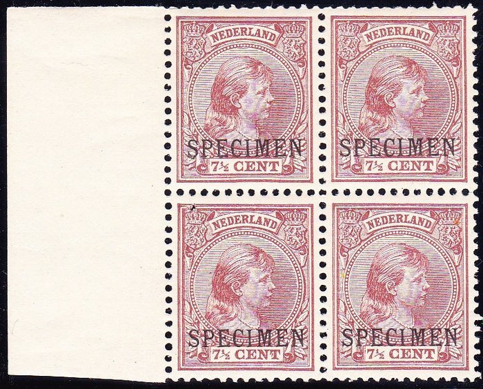 Netherlands 1891 - Princess Wilhelmina with ‘specimen’ overprint and plate error in a block of four
