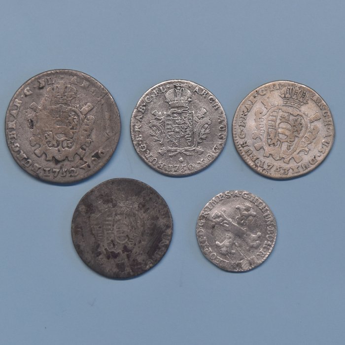 Oostenrijk-Nederland. Diverse munten 1750/1791 (5 stuks zilver)